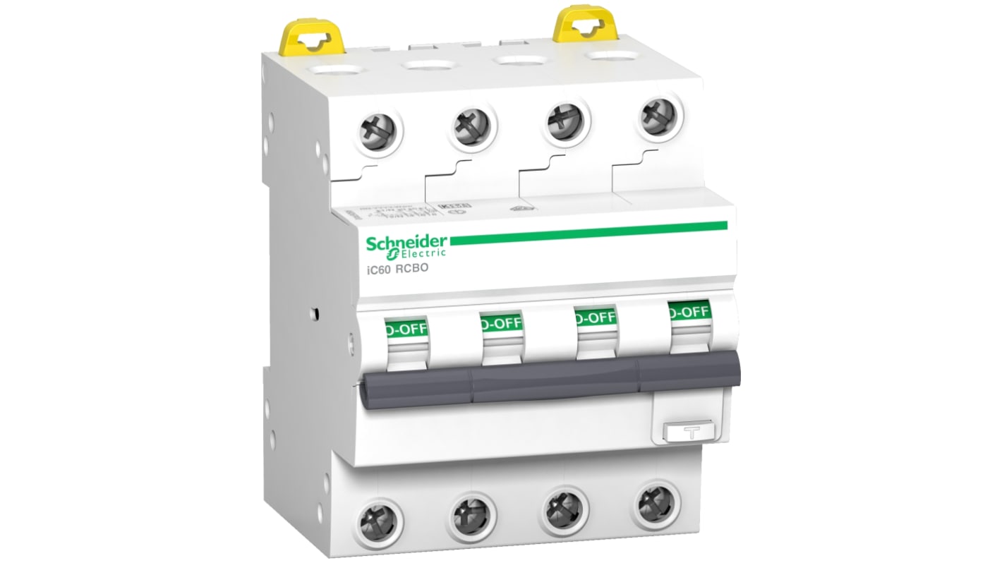 Schneider Electric RCBO, 16A Current Rating, 4P Poles, 30mA Trip Sensitivity, Type AC, Acti9 Range