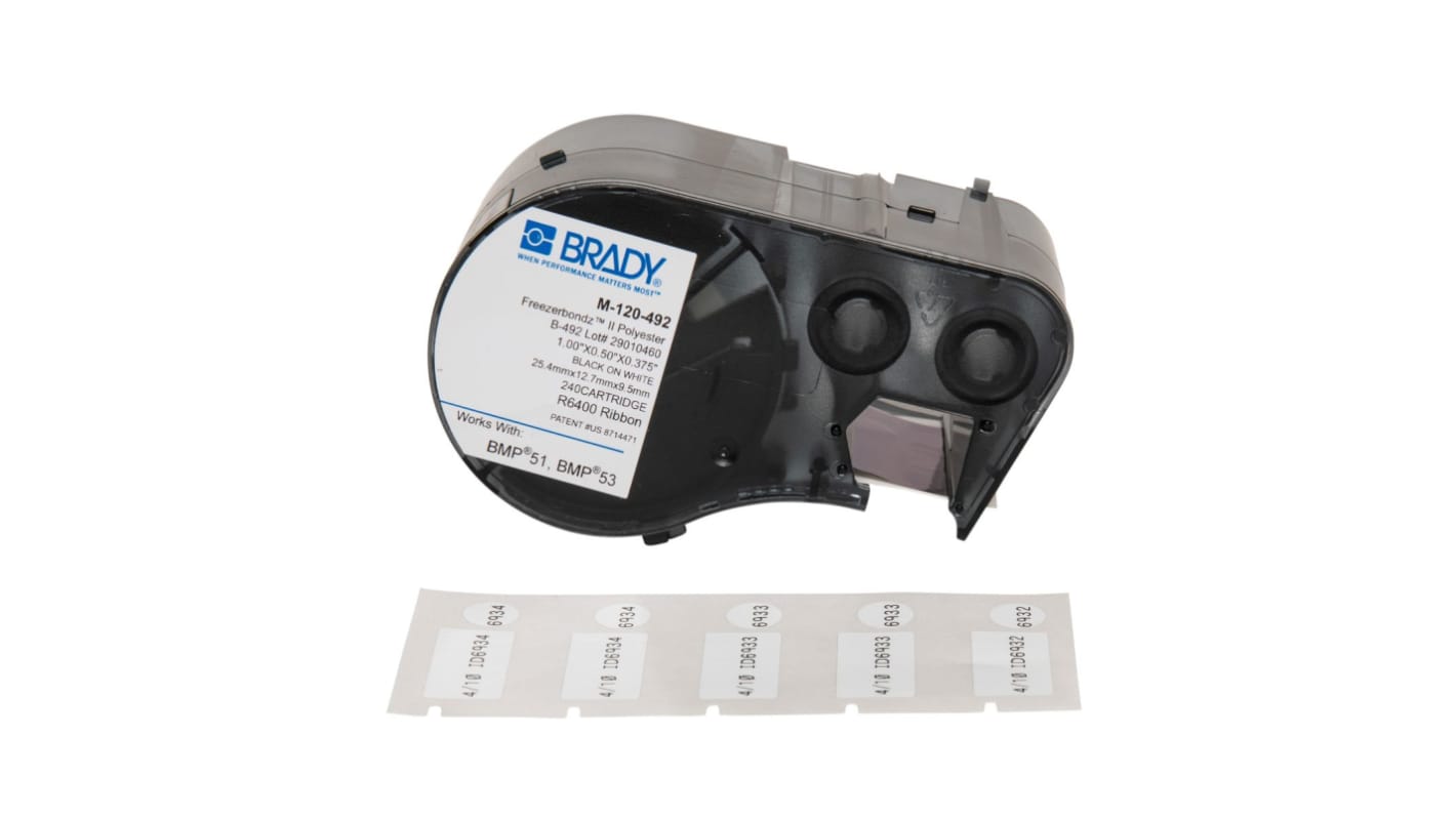 Brady BMP White Black Print Label Roll, 25.4mm Width, 12.7mm Height, 240Per Roll Qty