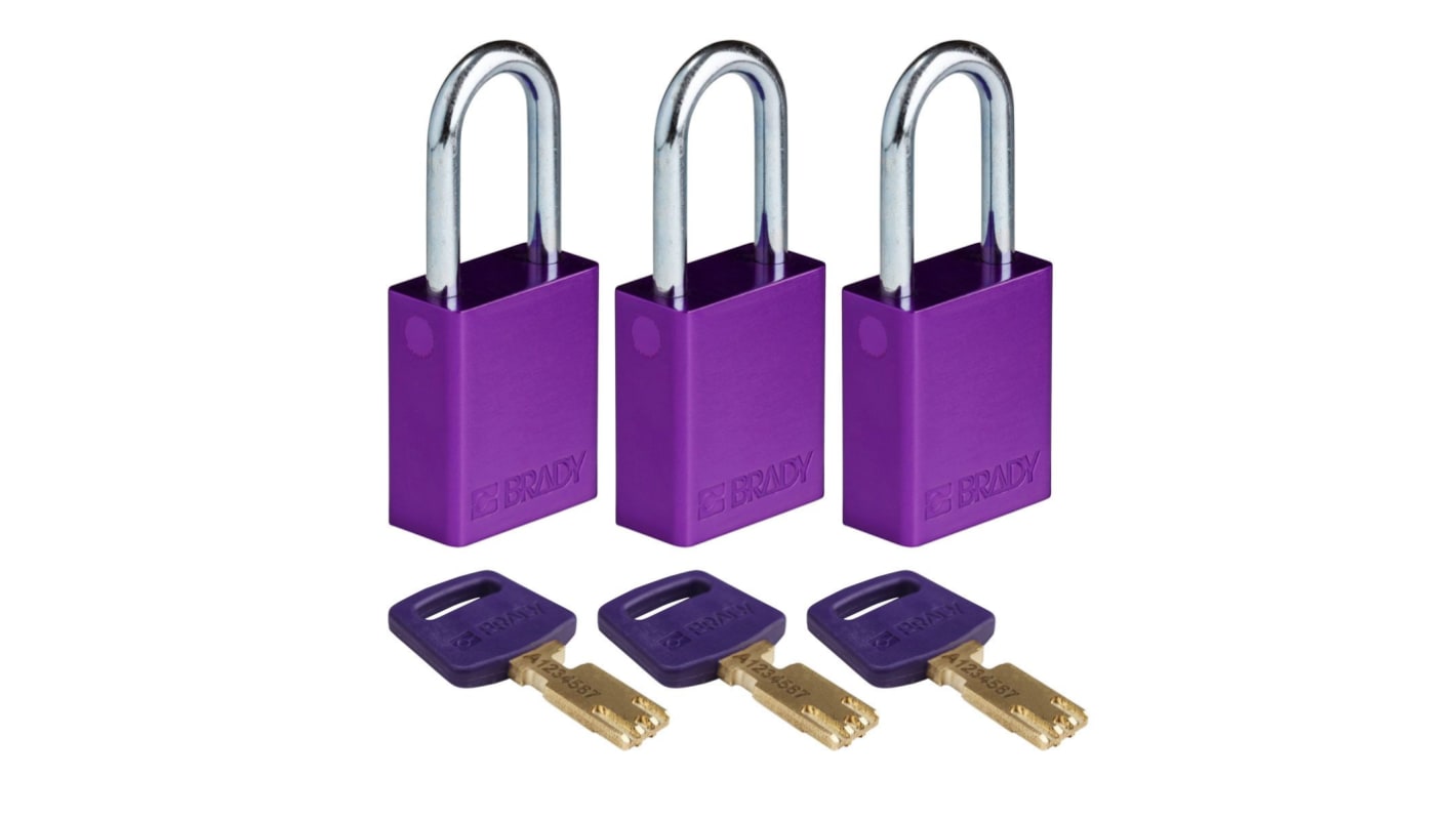 Brady LOTO-99 Padlock Anodised Aluminium, Steel Safety Padlock, Keyed Alike, 6.35mm Shackle, 38.00mm Body