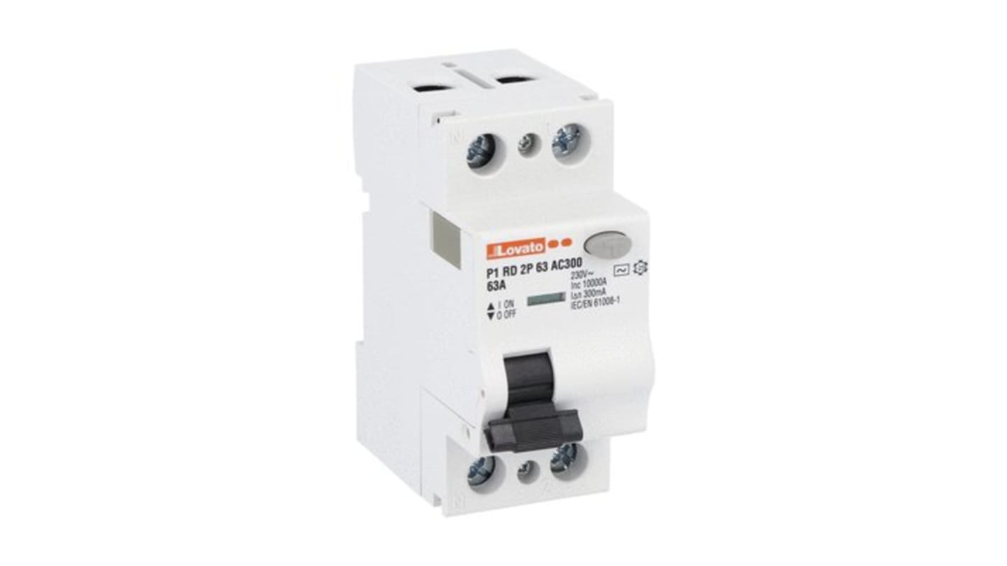 Lovato P1RD Residual Current Circuit Breaker, 63A, 2 Pole, 300mA, Type AC, 230V ac