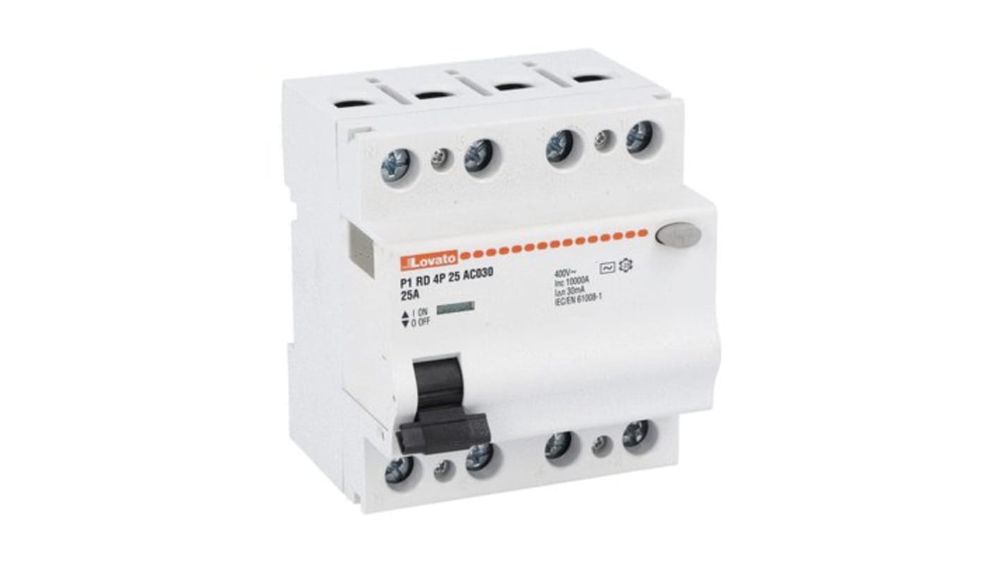 Lovato P1RD Residual Current Circuit Breaker, 25A, 4P Pole, 30mA, Type AC, 230 V ac, 400 V ac