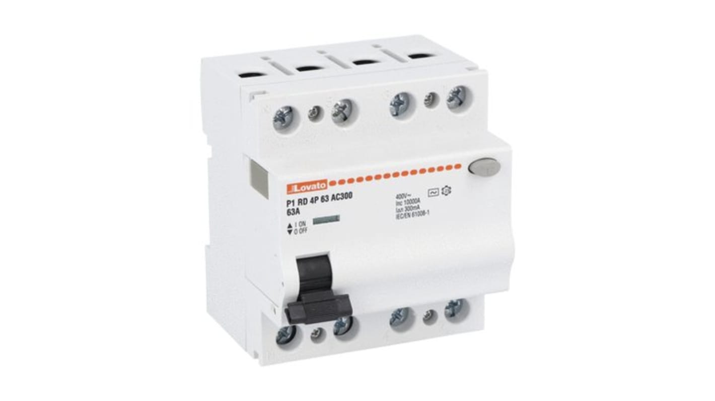 Lovato P1RD Residual Current Circuit Breaker, 63A, 4 Pole, 300mA, Type AC, 230 V ac, 400 V ac