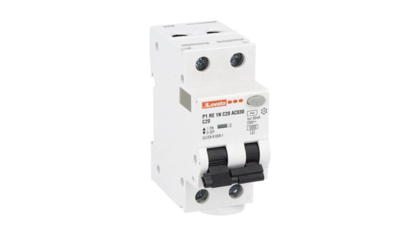 Lovato RCBO, 20A Current Rating, 1P+N Poles, 30mA Trip Sensitivity, Type C, P1 Range