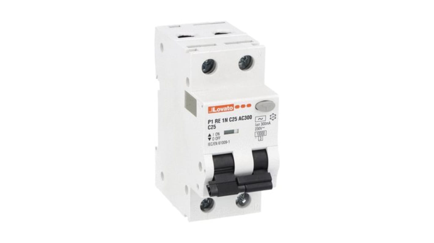 Lovato RCBO, 25A Current Rating, 1P+N Poles, 300mA Trip Sensitivity, Type C, P1 Range