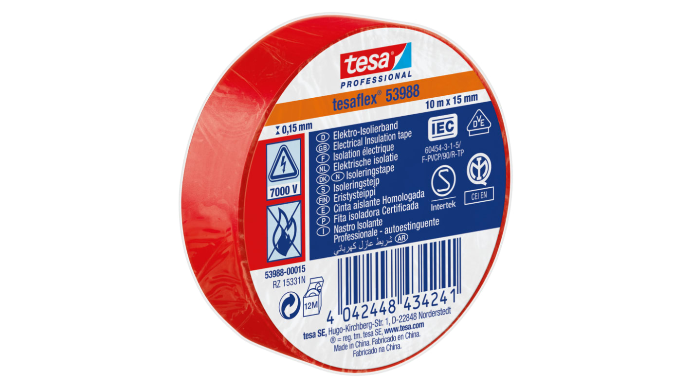 Tesa SPVC ELECTRICAL Isolierband, PVC Rot, 0.15mm x 15mm x 10m