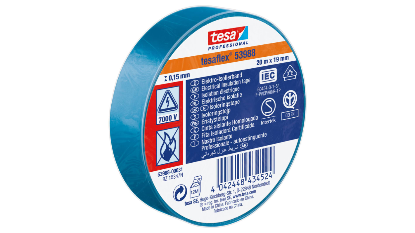 Tesa 53988 Blue Soft PVC Electrical Insulation Tape, 19mm x 20m