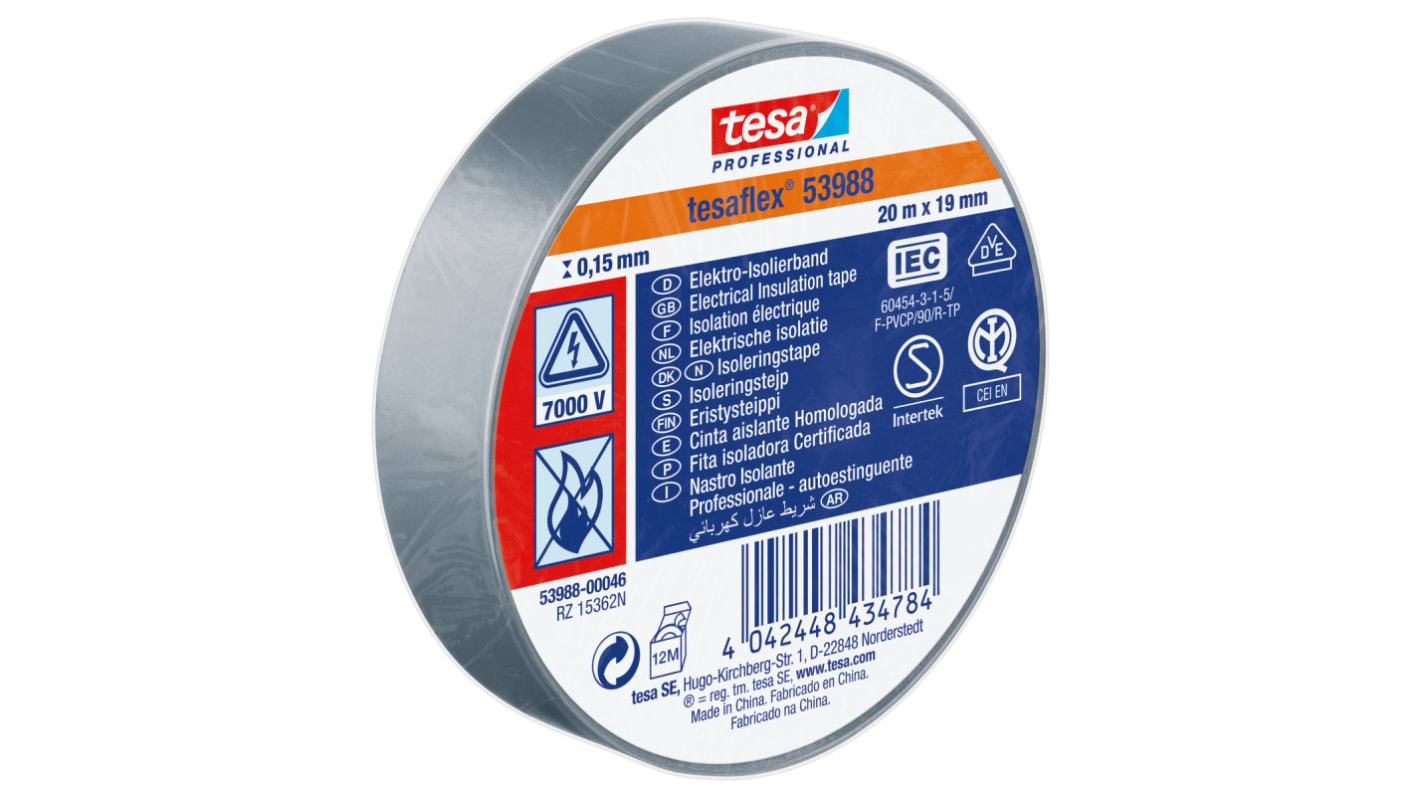 Tesa 53988 Grey, White Soft PVC Electrical Insulation Tape, 19mm x 20m