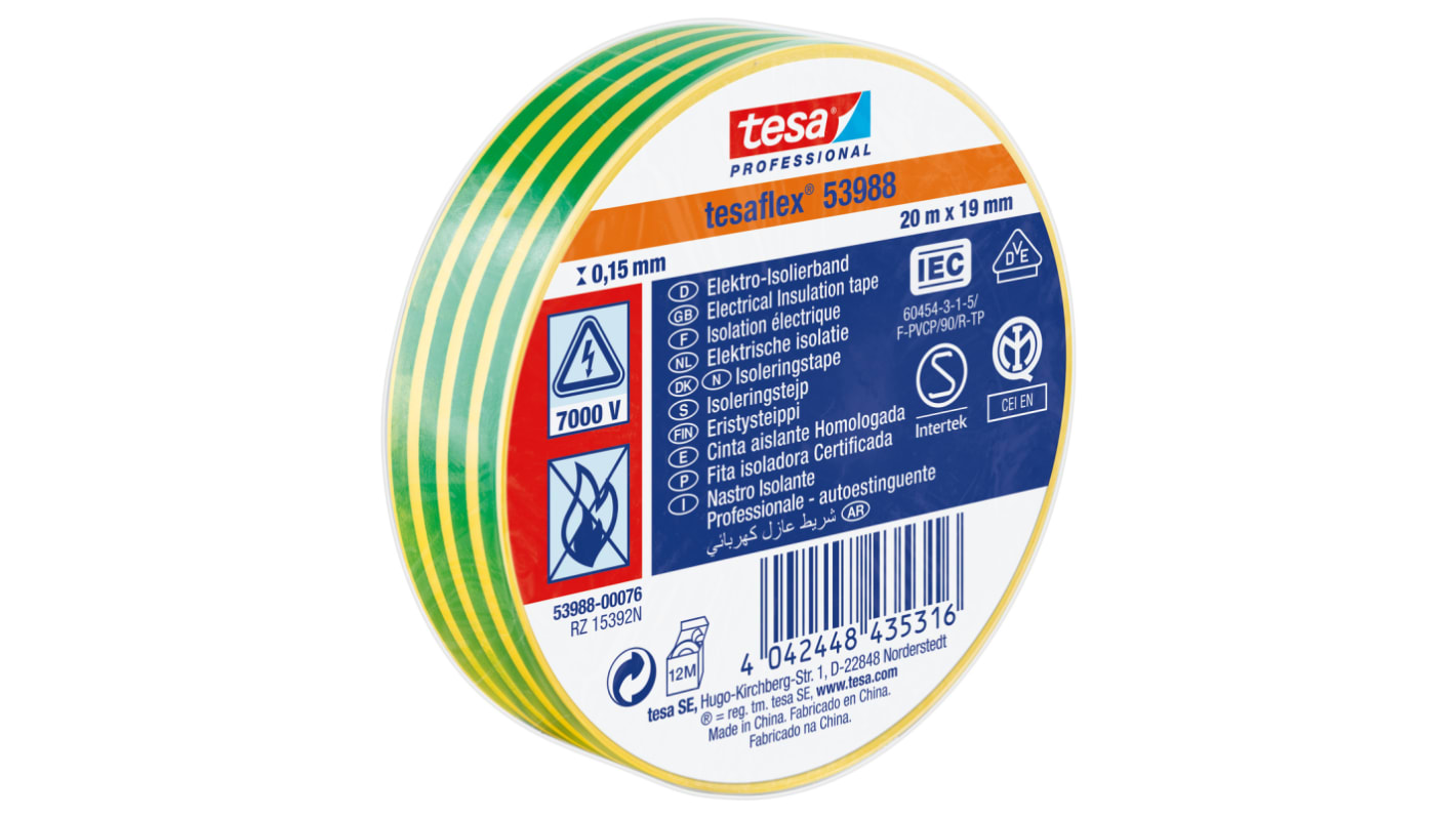 Tesa 53988 Green, Yellow Soft PVC Electrical Insulation Tape, 19mm x 20m
