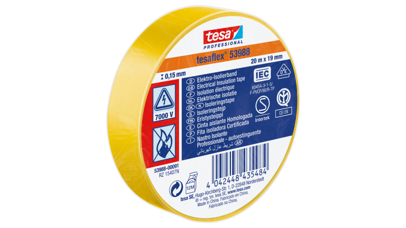 Tesa 53988 Yellow Soft PVC Electrical Insulation Tape, 19mm x 20m