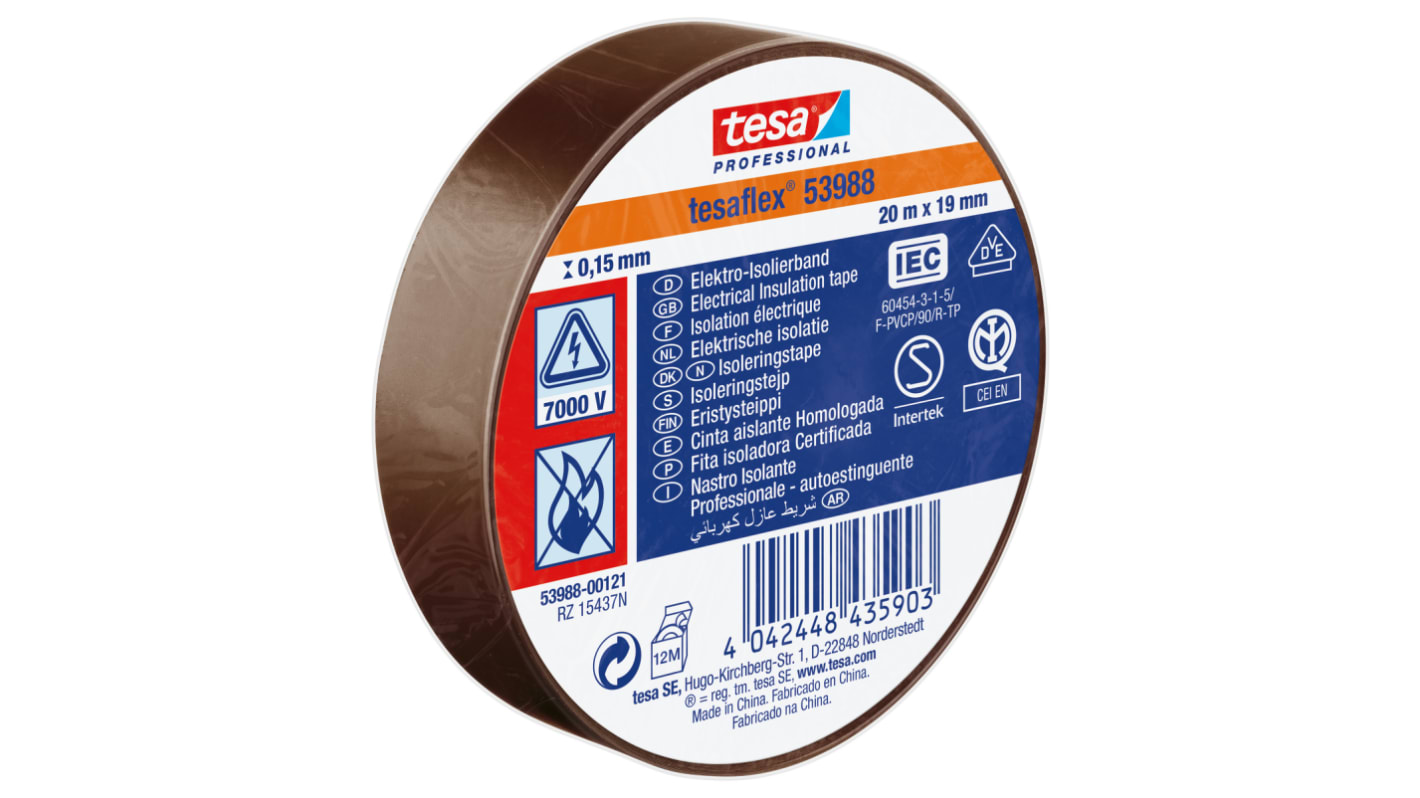 Tesa 53988 Brown Soft PVC Electrical Insulation Tape, 19mm x 20m