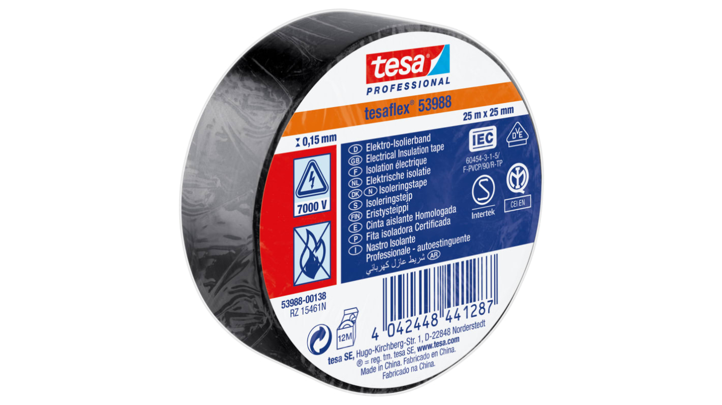Tesa SPVC ELECTRICAL Isolierband, PVC Schwarz, 0.15mm x 25mm x 25m