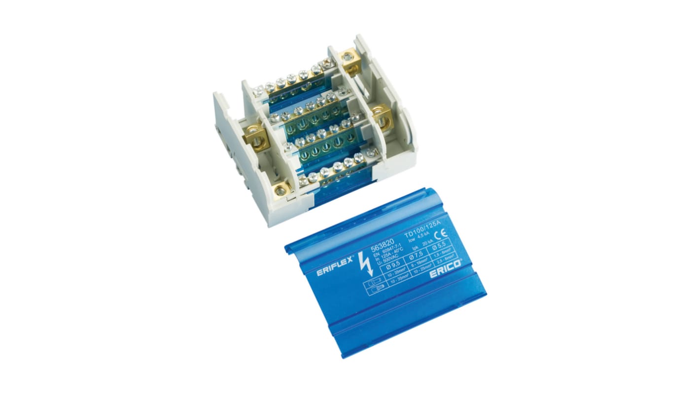 nVent ERIFLEX Distribution Block, 4 Way, 10 → 35mm², 125A, 690 V, Blue