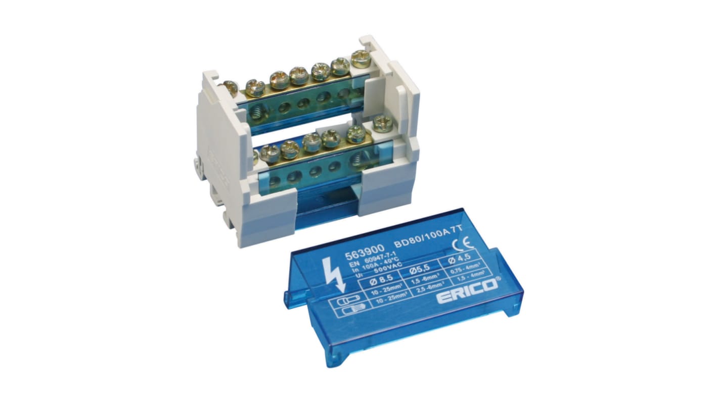 nVent ERIFLEX 2路分线盒, 100A, 500 V, 8 → 4 AWG线规, 螺钉端接, 蓝色PA外壳