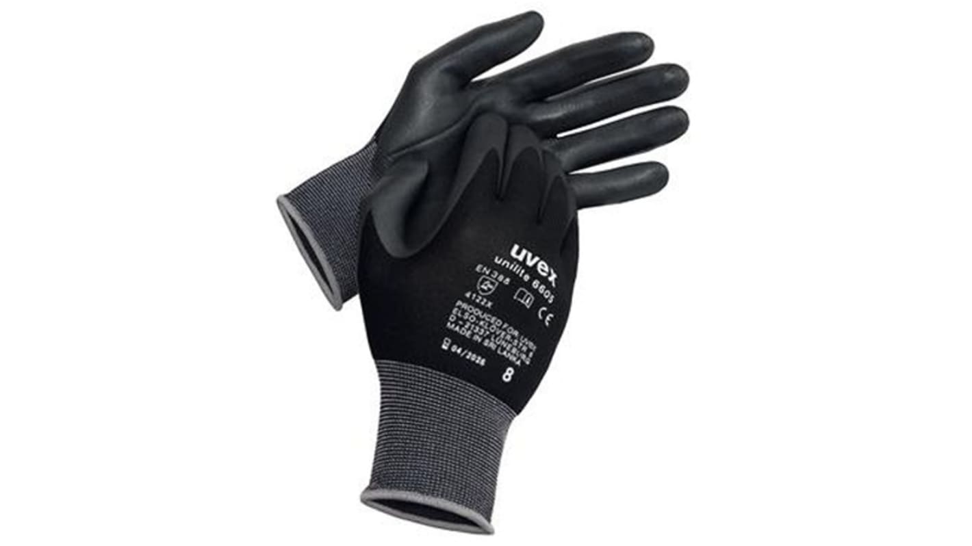 uvex Unilite 6605 Black Elastane, Polyamide Breathable Work Gloves, Size 9, NBR Coating