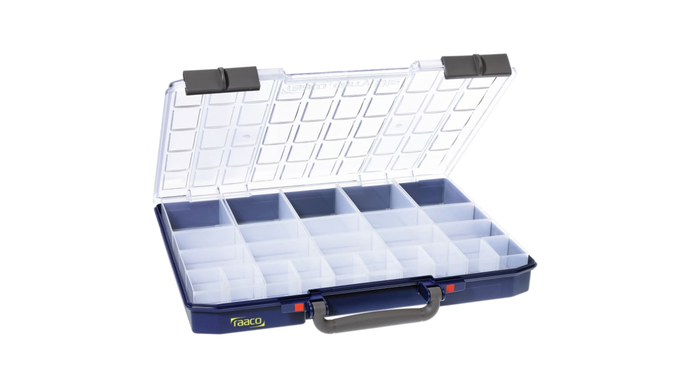 Raaco 25 Cell Blue, Transparent PC, PP Compartment Box, 57mm x 413mm x 330mm