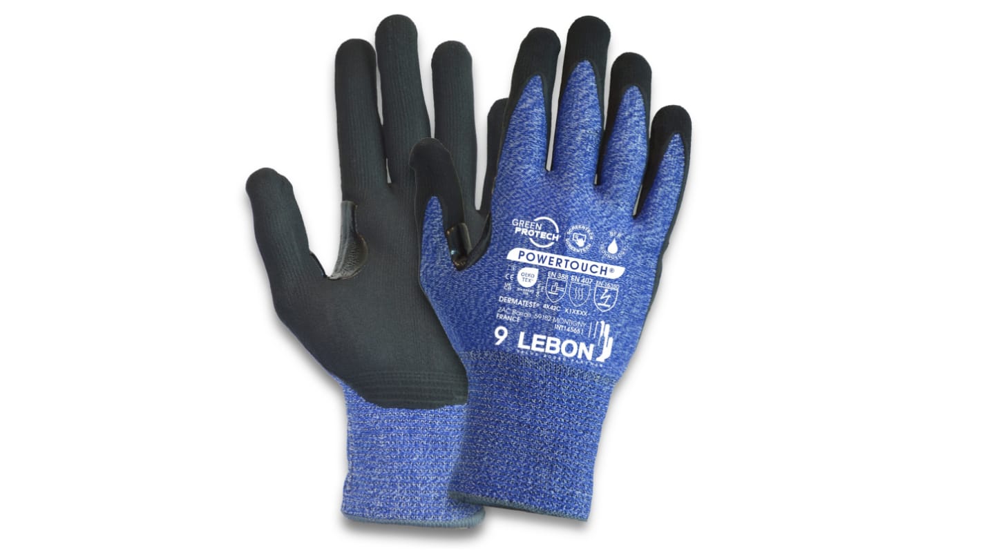 Guantes resistentes a cortes de Elastano, HPPE, poliamida Azul Lebon Protection serie POWERTOUCH, talla 6, con