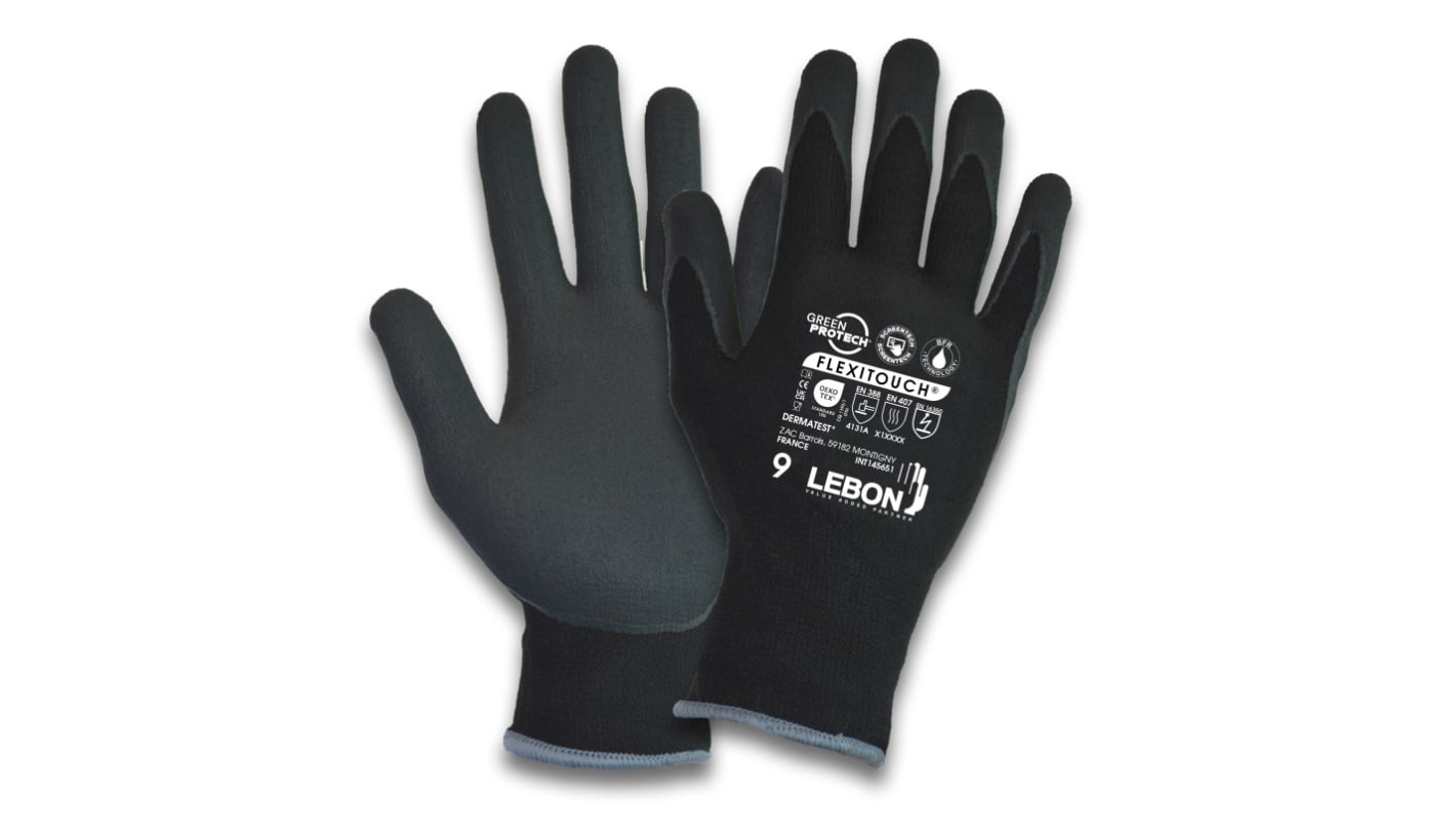 Gants de manutention Lebon Protection FLEXITOUCH, Taille 8, Résistant à l'abrasion, 10 Paires, Noir