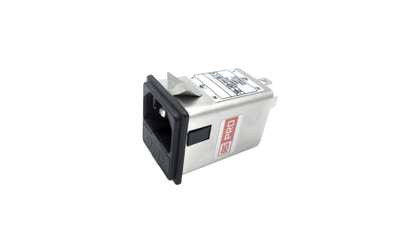 RS PRO 10A, 250 V ac Socket Chassis Mount IEC Inlet Filter, Snap In 2 Fuse