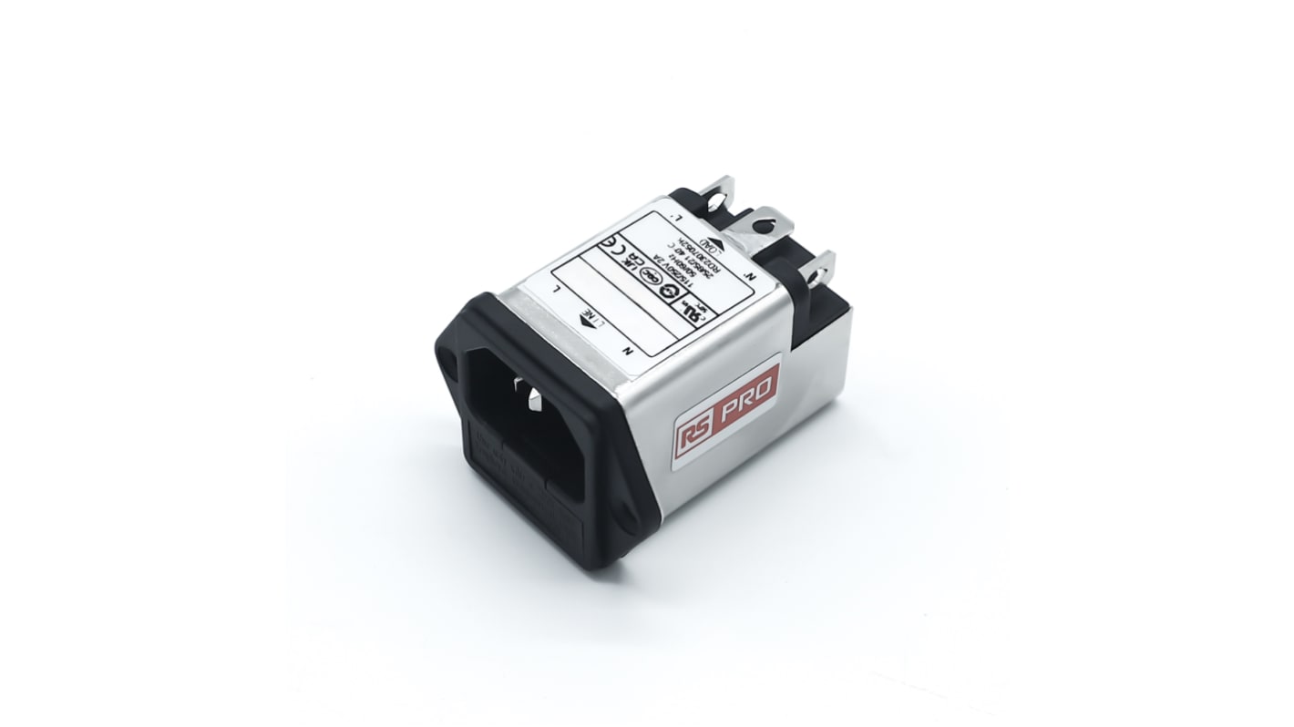 RS PRO 2A, 250 V ac Socket Chassis Mount IEC Inlet Filter, Faston 1 Fuse