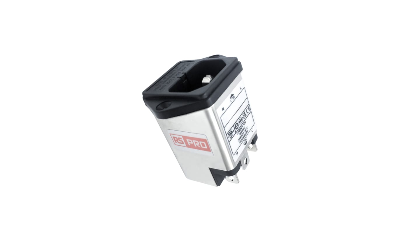 RS PRO 10A, 250 V ac Socket Chassis Mount IEC Inlet Filter, Faston 2 Fuse