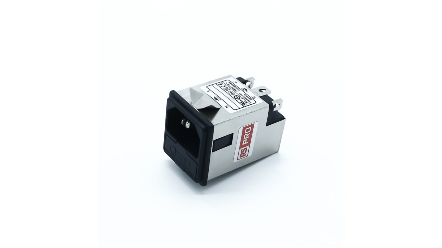 RS PRO 10A, 250 V ac Socket Chassis Mount IEC Inlet Filter, Snap In 2 Fuse