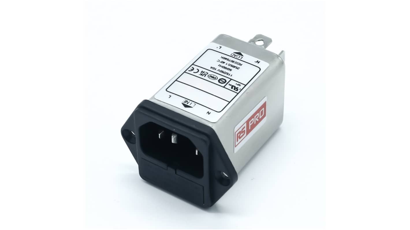 RS PRO 10A, 250 V ac Socket Chassis Mount IEC Inlet Filter, Faston 2 Fuse