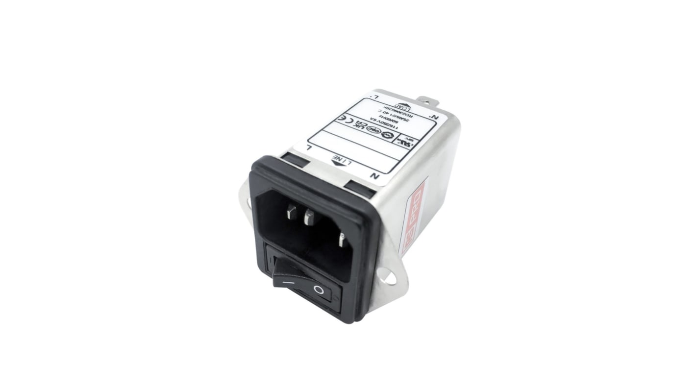 RS PRO 6A, 250 V ac Socket Chassis Mount IEC Inlet Filter 1 Pole, Faston