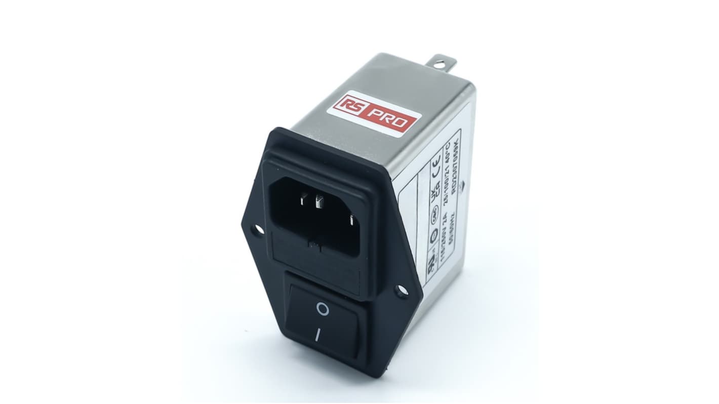 RS PRO 2A, 250 V ac Socket Chassis Mount IEC Inlet Filter 2 Pole, Faston 2 Fuse