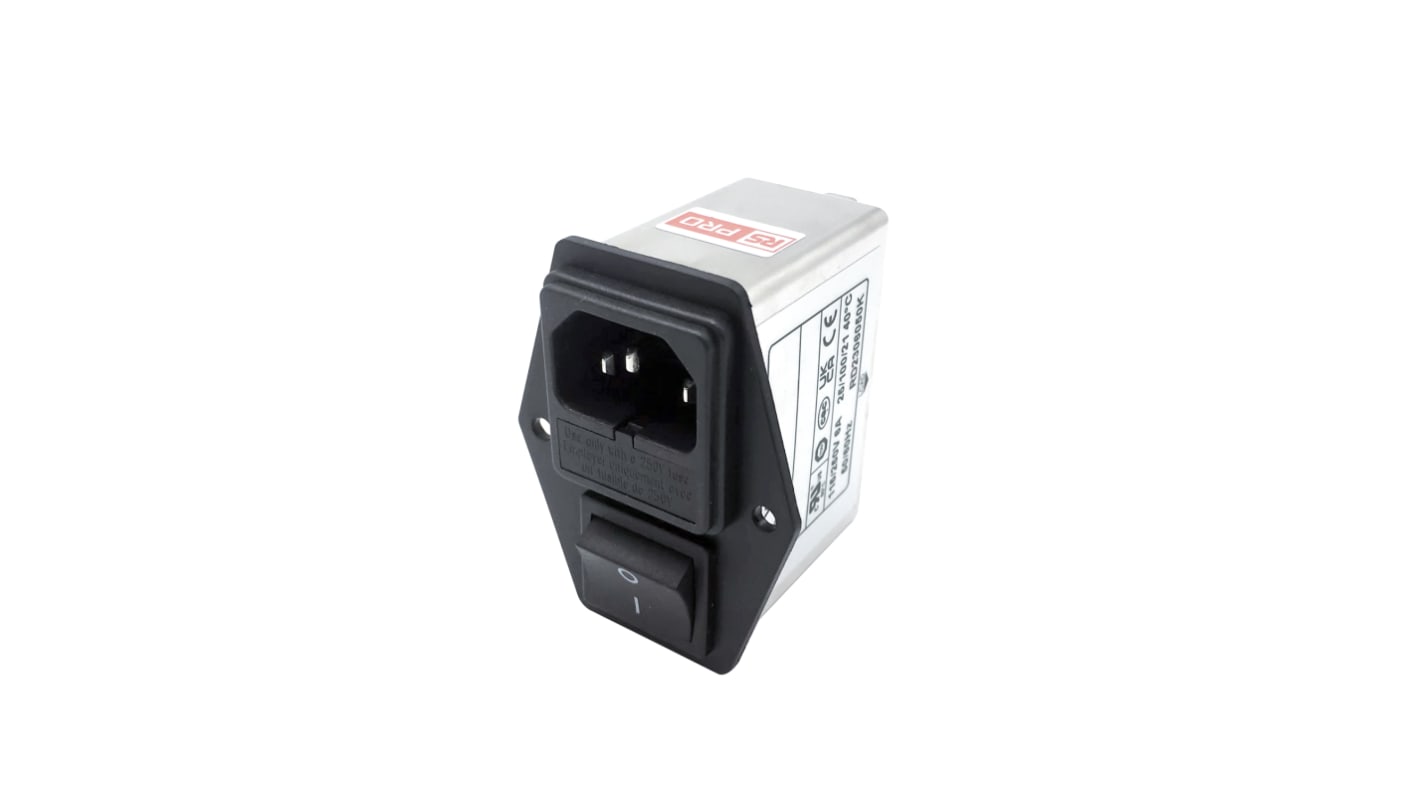 RS PRO 6A, 250 V ac Socket Chassis Mount IEC Inlet Filter 2 Pole, Faston 2 Fuse