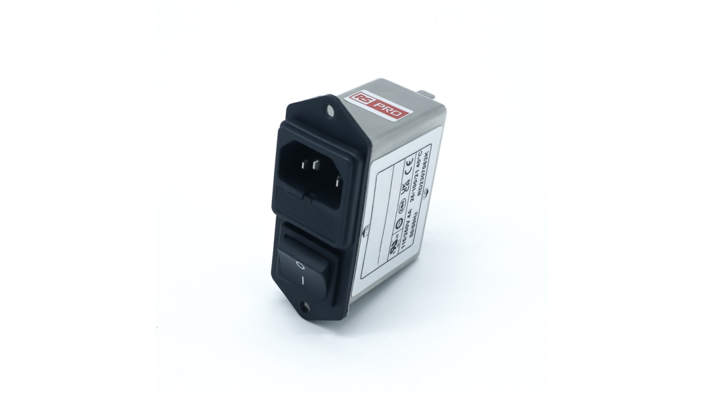 RS PRO 4A, 250 V ac Socket Chassis Mount IEC Inlet Filter 2 Pole, Faston 1 Fuse