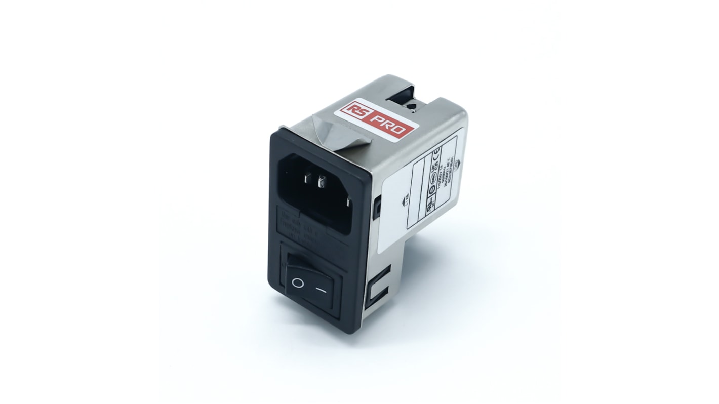 RS PRO 1A, 250 V ac Socket Chassis Mount IEC Inlet Filter 2 Pole, Snap In 1 Fuse