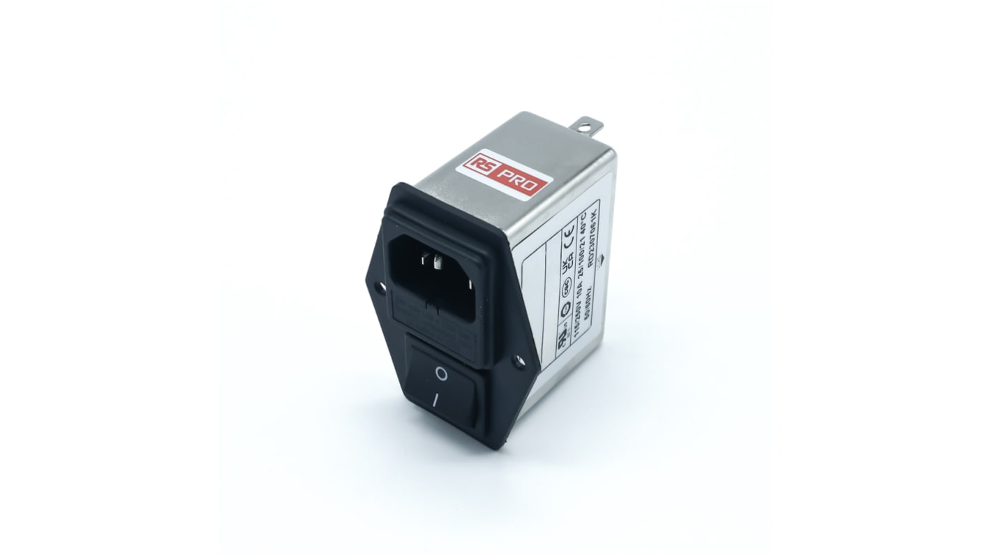RS PRO 10A, 250 V ac Socket Chassis Mount IEC Inlet Filter 2 Pole, Faston 2 Fuse