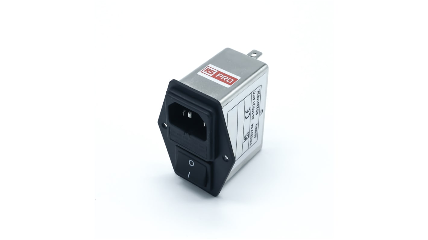 RS PRO 6A, 250 V ac Socket Chassis Mount IEC Inlet Filter 2 Pole, Faston 2 Fuse