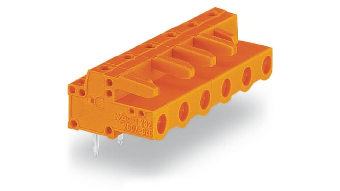 WAGO 232 Series Angled PCB Mount PCB Header, 6-Contact, 1-Row, 7.62mm Pitch, Solder Pin Termination