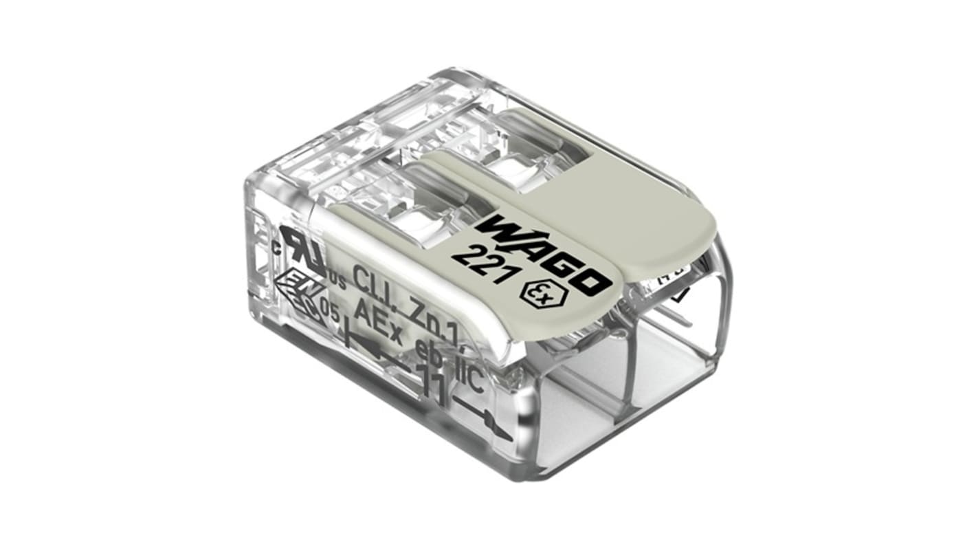 WAGO 221 Series Connector, 2-Way, 20A, 24 → 12 AWG Wire, Plug In Termination