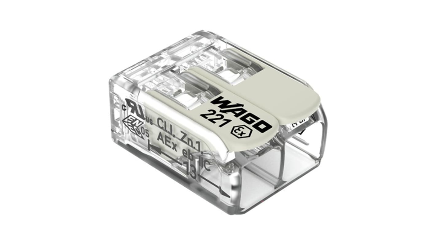 WAGO 连接器, 2路, 37A, 线规20 → 10 AWG, 笼式弹簧夹端接, 221系列