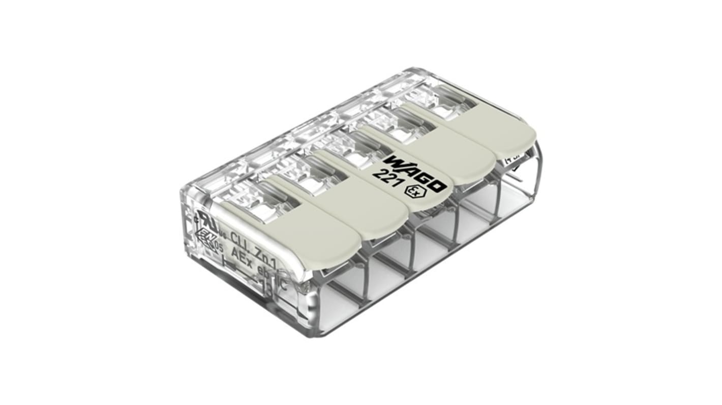 WAGO 221 Series Connector, 5-Way, 30A, 10 AWG Wire, Plug In Termination