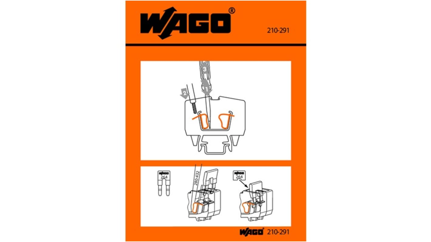 WAGO 文字标签, 预印"For Front-Entry, Miniature Rail-Mounted Terminal Blocks", 黑色字橙色/白色底