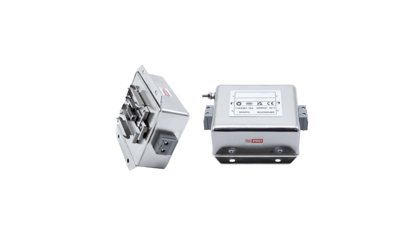 RS PRO 16A 250 V ac 50/60Hz, Chassis Mount, DIN Rail Power Line Filter, Terminal Block Single Phase