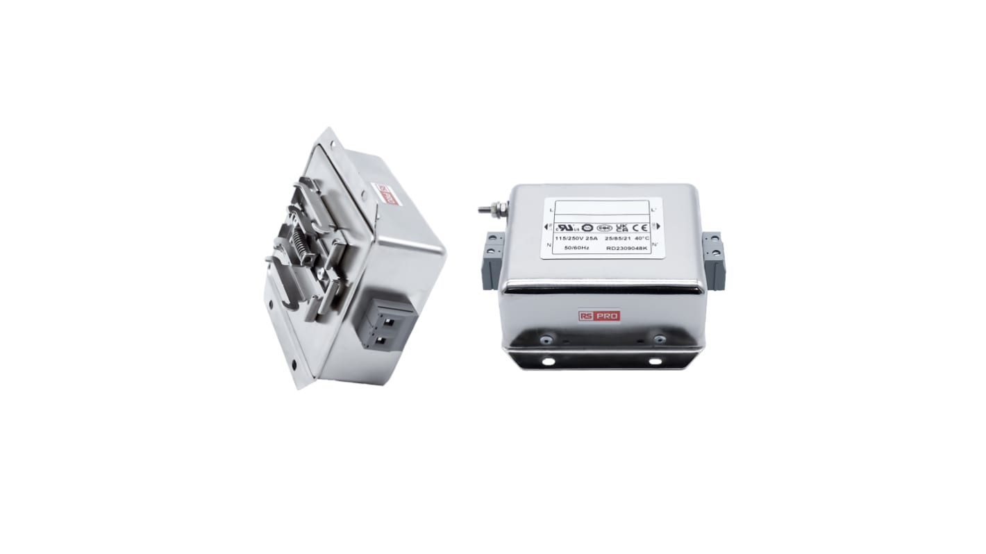 RS PRO 25A 250 V ac 50/60Hz, Chassis Mount Power Line Filter, Terminal Block Single Phase