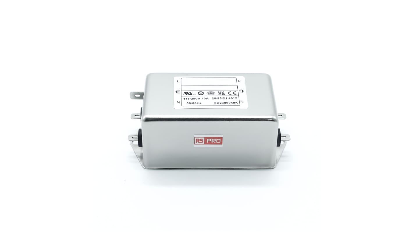 RS PRO 10A 250 V ac 50/60Hz, Chassis Mount Power Line Filter, Fast-On Single Phase