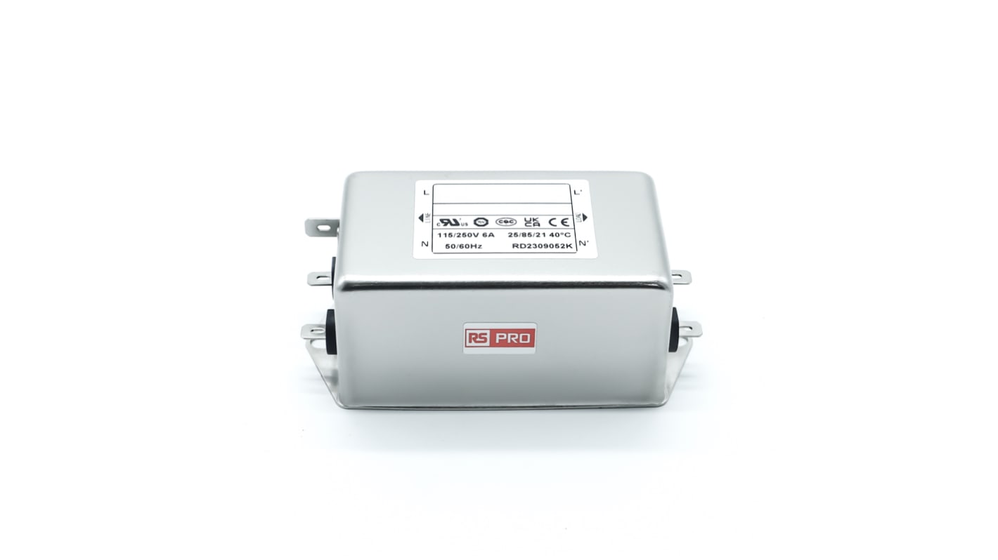 RS PRO 6A 250 V ac 50/60Hz, Chassis Mount Power Line Filter, Fast-On Single Phase