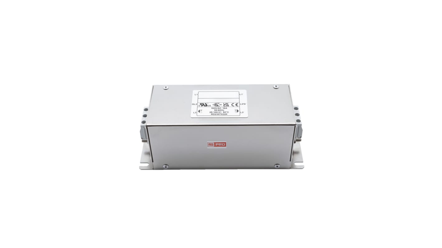 RS PRO Netzfilter, 520 V AC, 16A, Gehäusemontage, Anschlussblock, Drei-phasig 1.4/2,7mA / 50/60Hz Single Stage Zustände