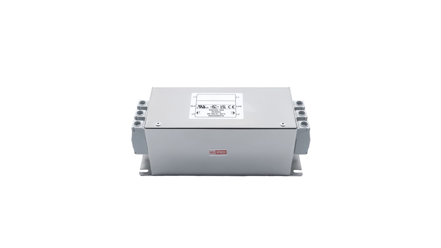 RS PRO 30A 520 V ac 50/60Hz, Chassis Mount Power Line Filter, Terminal Block Three Phase