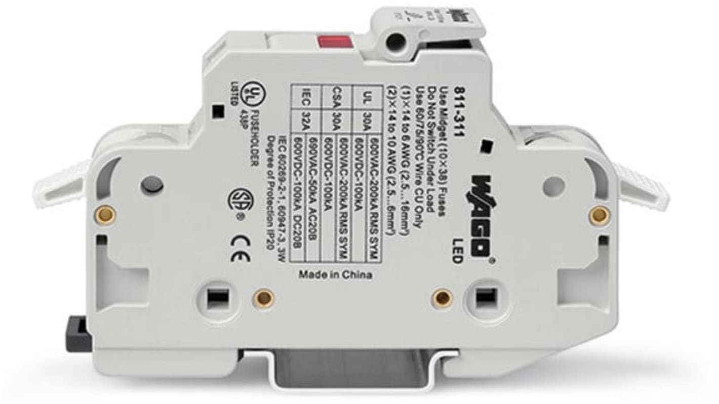 WAGO 保险丝座, 10 x 38mm尺寸, 32A, 600V 交流, 导轨安装, 1