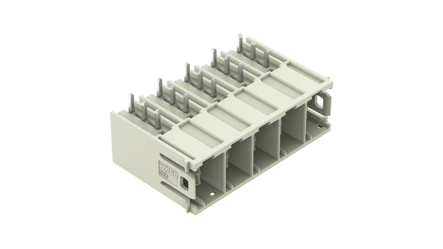 WAGO 832 Series Angled PCB Mount PCB Header, 5 Contact(s), 10.16mm Pitch, 1 Row(s), Shrouded