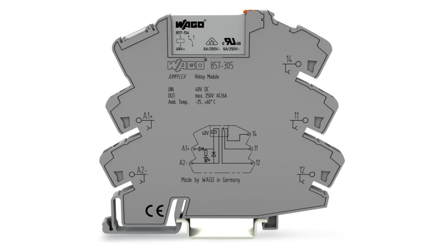WAGO 857 Series Relay Module, DIN Rail Mount, 48V dc Coil, SPDT, 1-Pole, 6A Load
