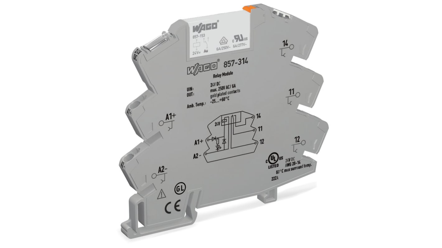 WAGO 857 Series Relay Module, DIN Rail Mount, 24V dc Coil, SPDT, 1-Pole, 6A Load