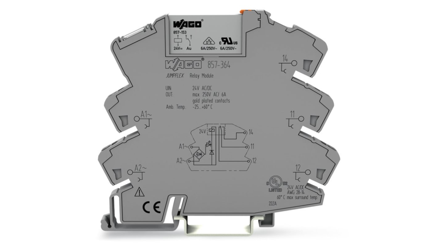 WAGO 857 Series Relay Module, DIN Rail Mount, 24V ac/dc Coil, SPDT, 1-Pole, 6A Load