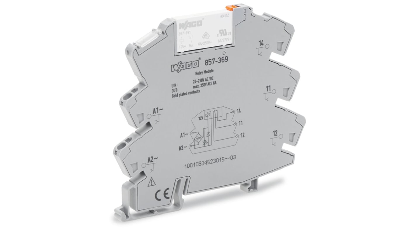 WAGO 857 Series Relay Module, DIN Rail Mount, 24 → 230V ac/dc Coil, SPDT, 1-Pole, 6A Load
